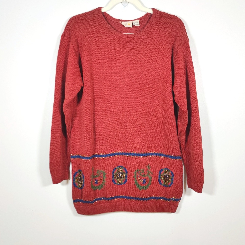Vintage Liz Claiborne Red Paisley Metallic Sweater L Artsy Holiday Grandpa